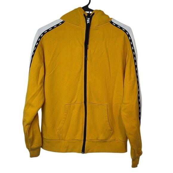 Victoria's Secret Pink Tops - Victoria’s Secret PINK Zip Up Hoodie Size XS Yellow Black Fur Lined Hood Cozy